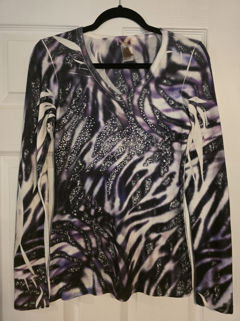 Embellished Black and Purple Print Knit Sweater
